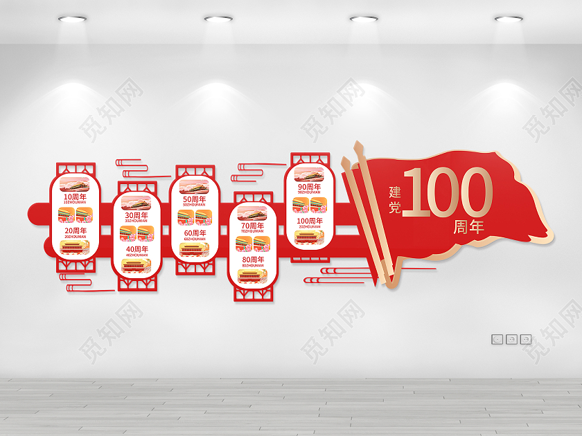 红色简洁大气建党100周年纪念文化墙设计党史建党100周年文化墙