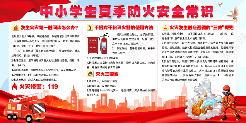 红色系中小学生夏季防火安全常识展板夏季安全展板