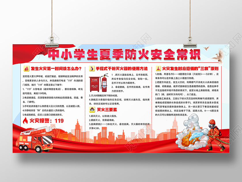 红色系中小学生夏季防火安全常识展板夏季安全展板