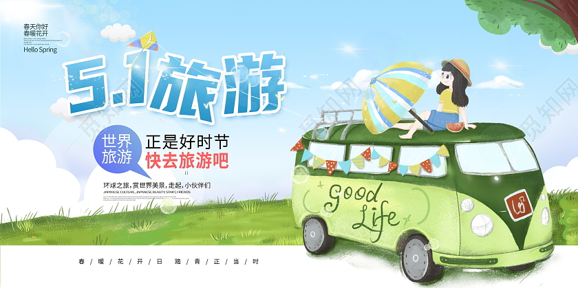 蓝色唯美51去哪五一旅游五一劳动节展板设计五一劳动节51旅游