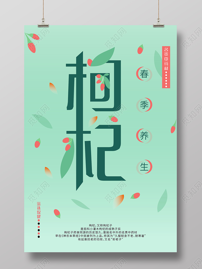 绿色粉色简约清新春天养生枸杞海报宣传春季养生