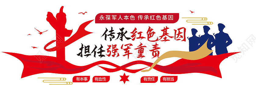 红色创意简洁传承红色基因担当强军重则文化墙设计传承红色基因文化墙