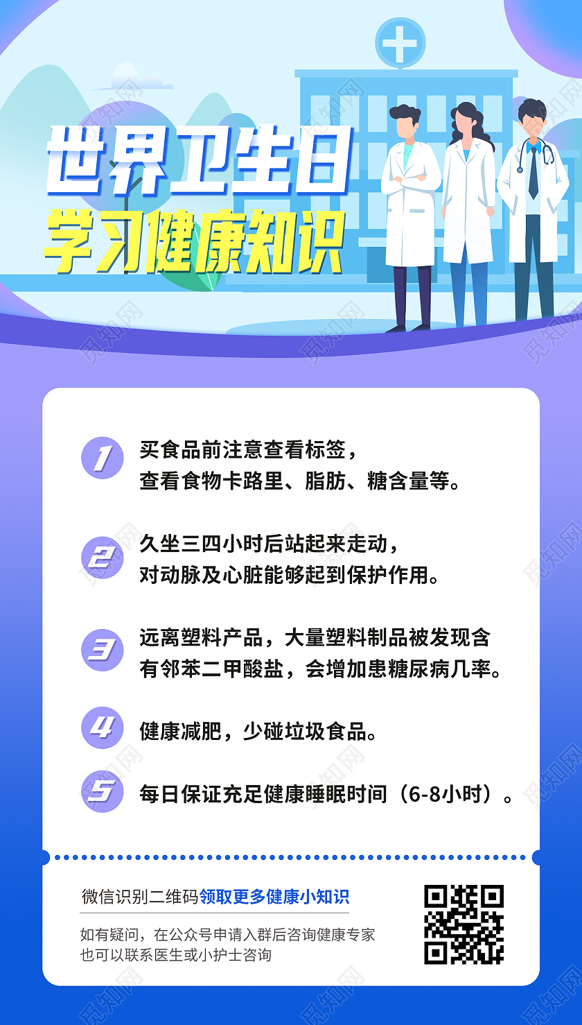 蓝色手绘扁平化世界卫生日卡通医生护士健康小知识