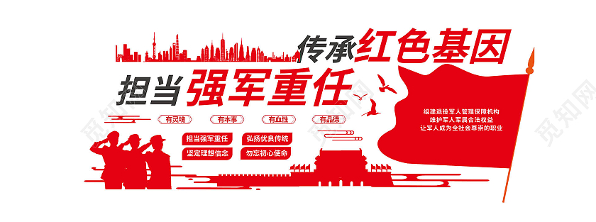 红色简洁大气传承红色基因担当强军重任文化墙设计传承红色基因文化墙