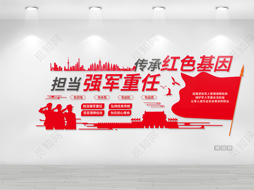红色简洁大气传承红色基因担当强军重任文化墙设计传承红色基因文化墙