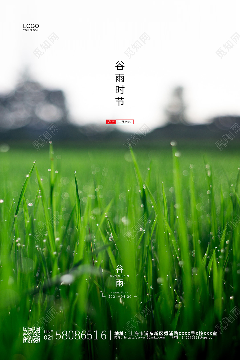 绿色简约大气稻田二十四节气谷雨节气宣传海报二十四节气24节气谷雨