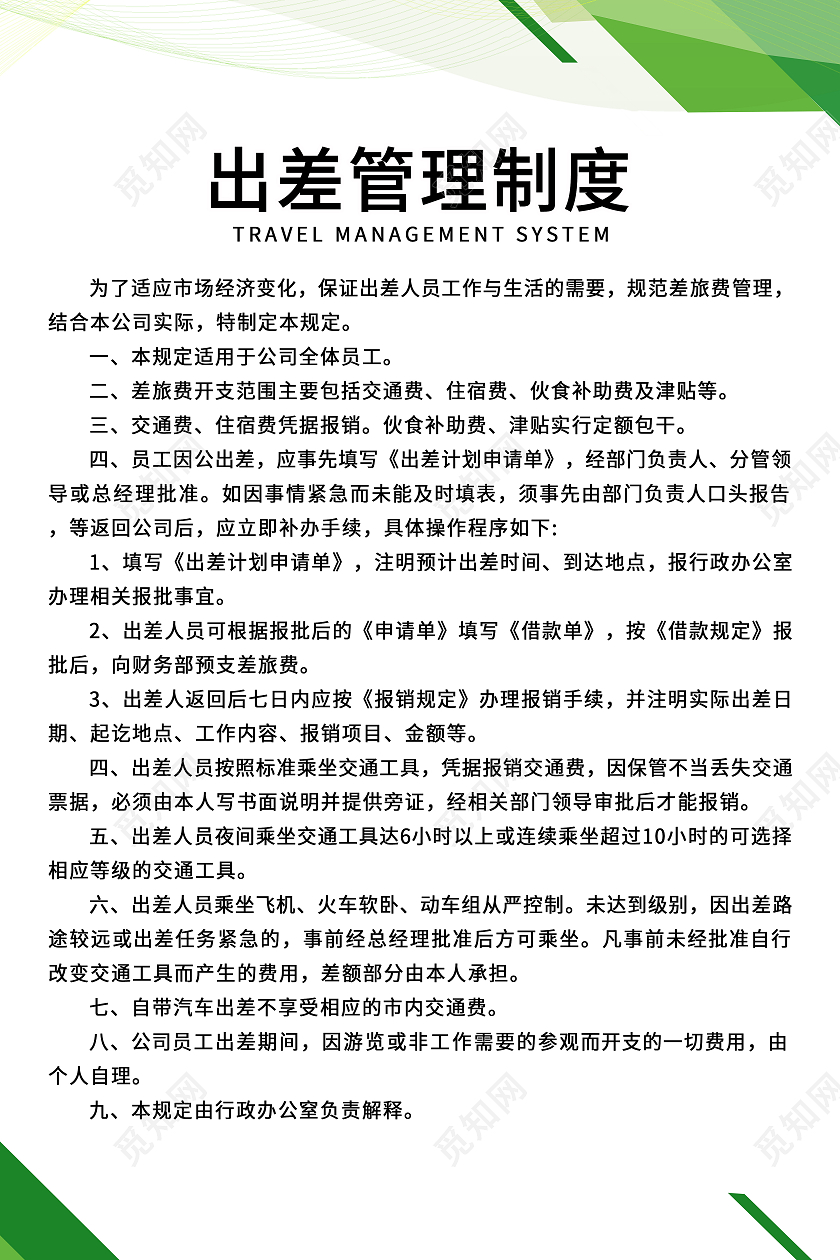 浅绿色简约公司制度出差管理制度海报