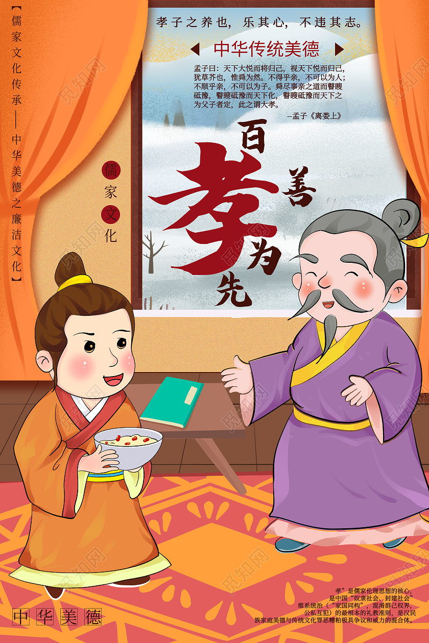 橙色插画风百善孝为先传统美德海报模板