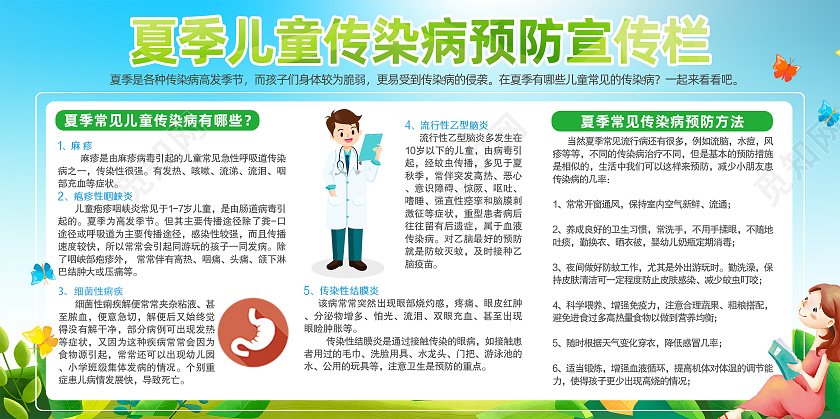 淡色调卡通夏季儿童传染病预防宣传栏夏季疾病