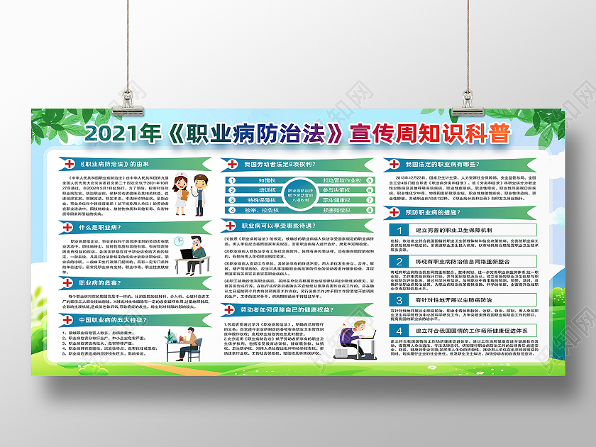 绿色卡通2021年职业病防治法宣传周宣传栏知识科普展板