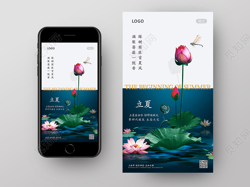 荷花荷叶清新二十四节气立夏手机UI海报二十四节气立夏手机海报