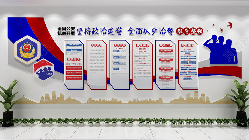 蓝色大气简约公安警察队伍教育整顿文化墙政法队伍教育整顿文化墙