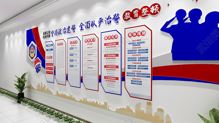 蓝色大气简约公安警察队伍教育整顿文化墙政法队伍教育整顿文化墙