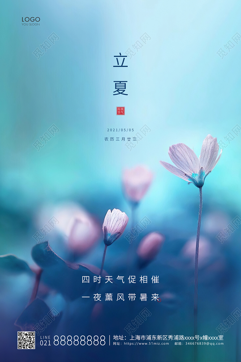 蓝色简约二十四节气立夏节气宣传海报二十四节气24节气立夏
