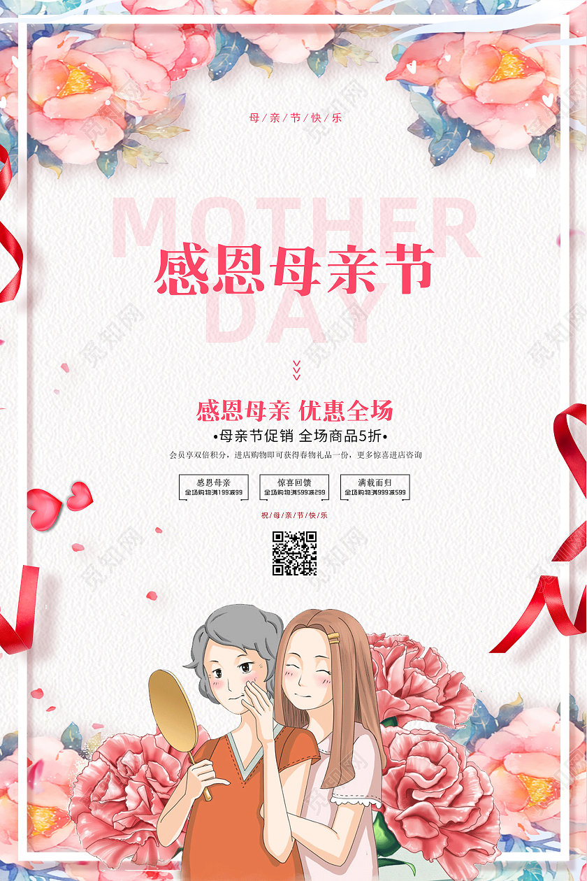 粉色手绘边框花边卡通母女感恩母亲节活动促销海报