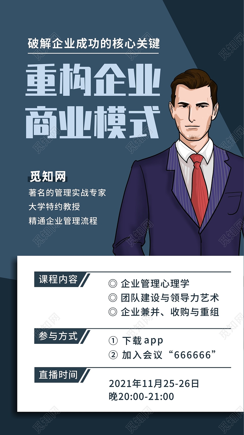 蓝色创意重构企业商业模式人物介绍海报