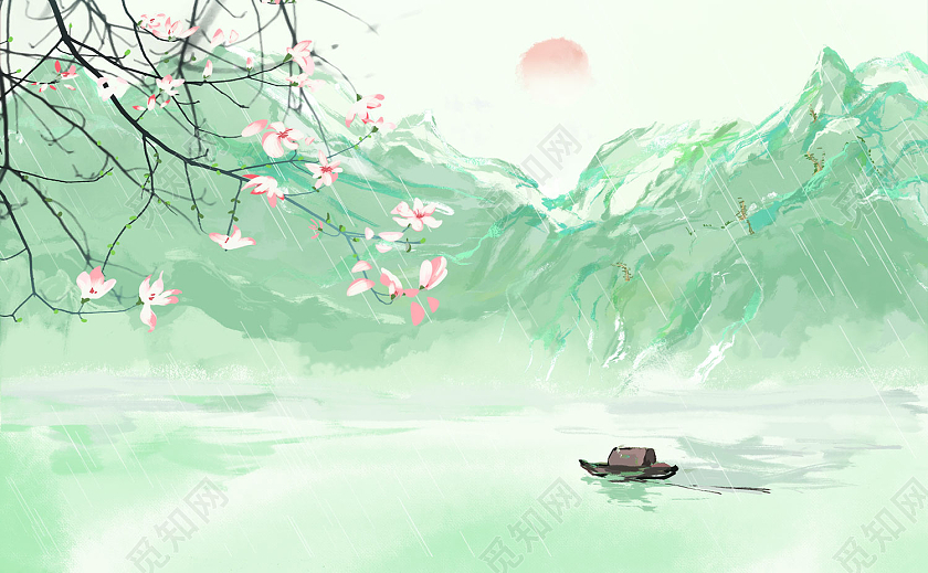 绿色插画风山水明信片