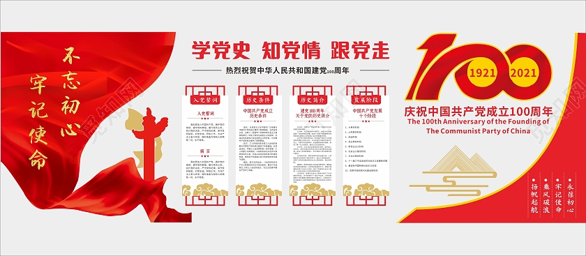 红色简约大气学党史知党情跟党走建党100周年文化墙