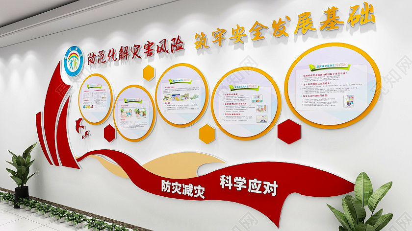 红色圆形风格防灾减灾灾害知识宣传文化墙全国防灾减灾日文化墙