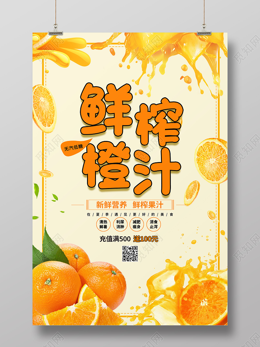 黄色简约鲜榨橙汁橙子果汁海报