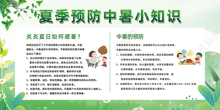 绿色小清新夏季预防中暑小知识宣传展板夏季防中暑