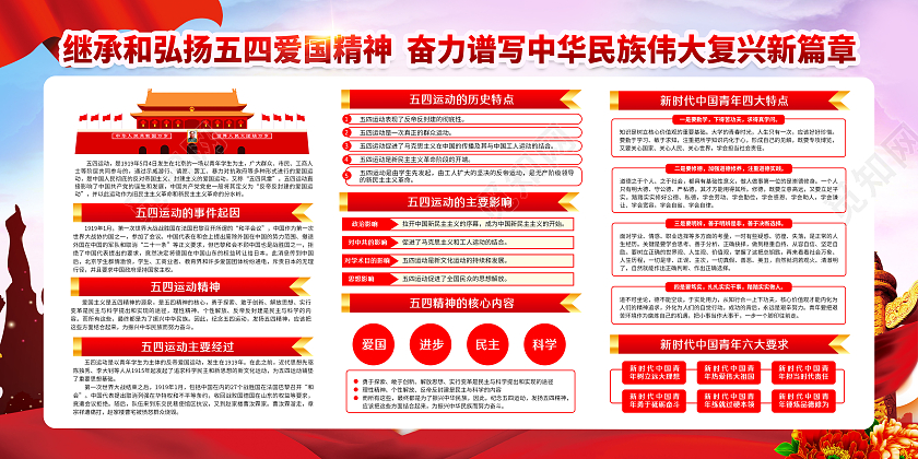 水彩风格五四运动宣传展板54青年节五四运动宣传栏