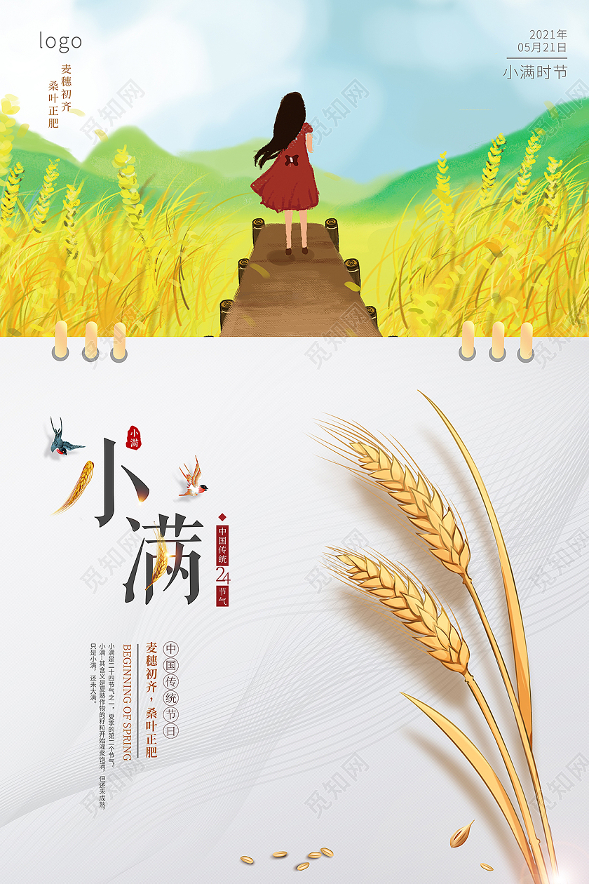 2021黄色插画小满二十四节气海报24节气二十四节气小满