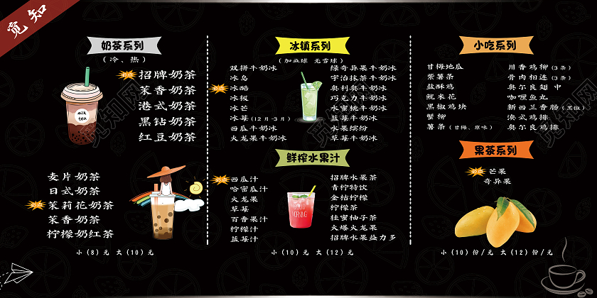 黑色简约风水果茶菜单展板