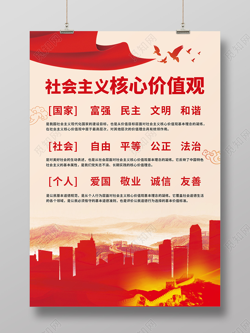 复古色社会主义核心价值观主题宣传海报模板