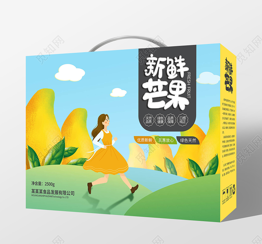 蓝色卡通风格新鲜芒果手提盒水果促销礼盒包装设计芒果包装