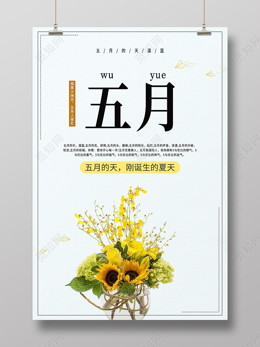 黄色花卉简约清新五月你好五月海报5月你好
