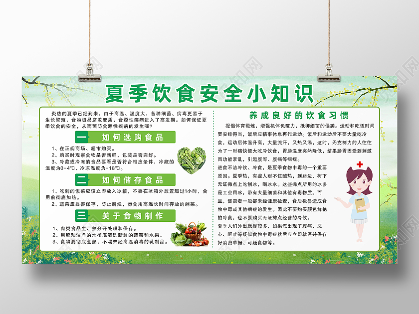 绿色蔬菜夏季饮食安全小知识宣传栏夏季健康饮食