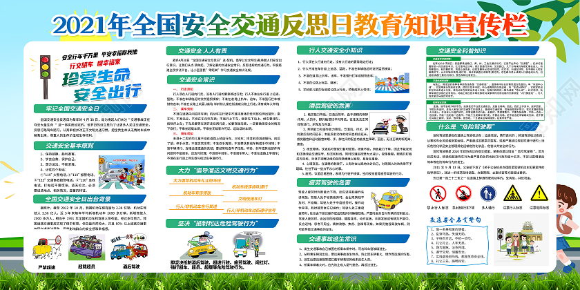 蓝色清新卡通2021年全国交通安全反思日教育知识宣传栏全国交通安全反思日宣传栏