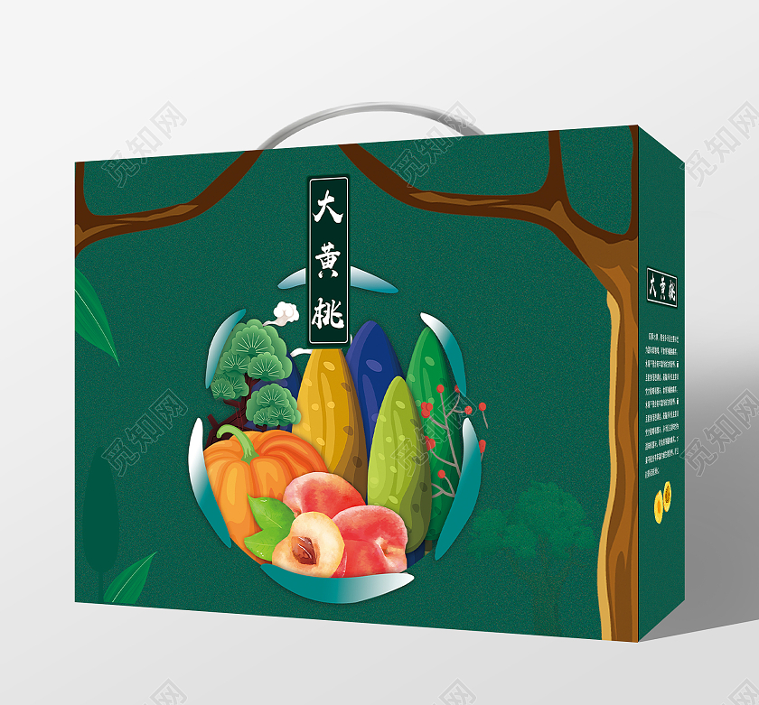 绿色插画大黄桃水果包装手提盒桃子包装
