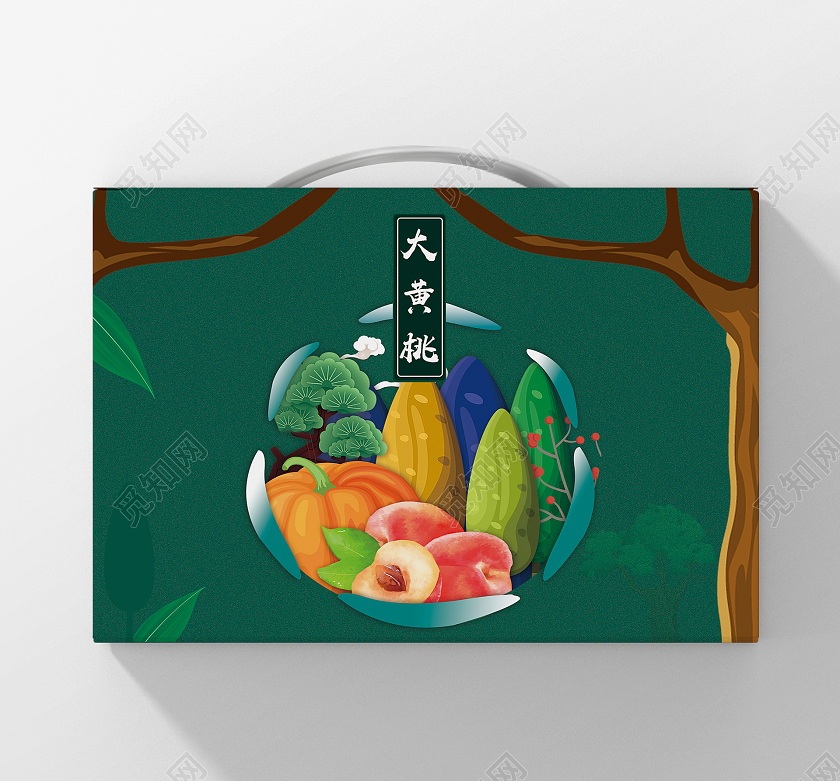 绿色插画大黄桃水果包装手提盒桃子包装