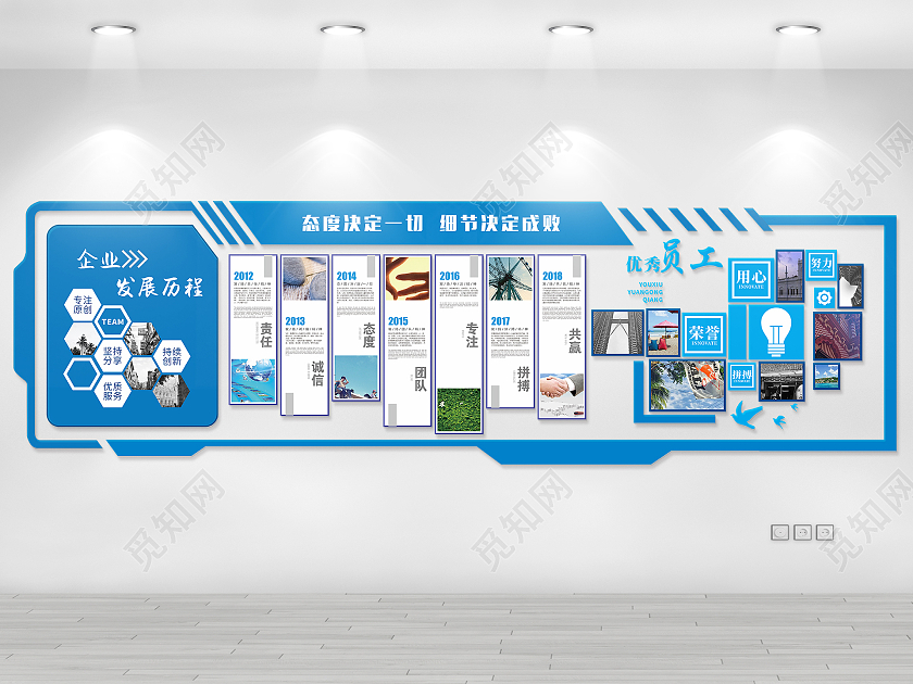蓝色大气企业发展历程员工风采文化墙企业文化墙