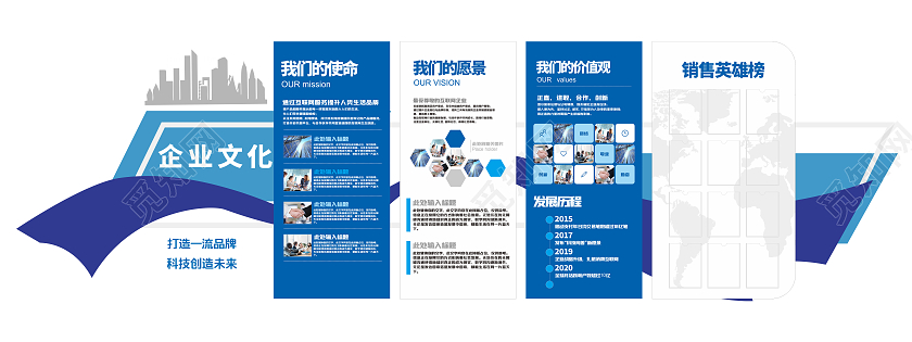 蓝色大气飘带企业价值观文化墙企业文化墙