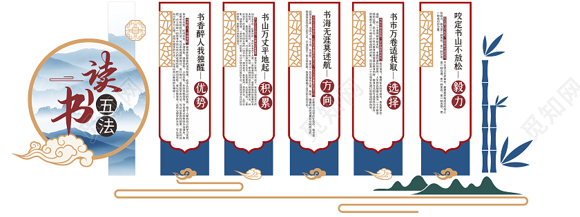 蓝色青花瓷风格校园读书文化校园文化墙