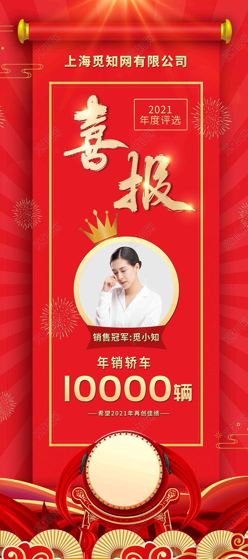 2021红色大气喜庆喜报热烈祝贺销售额海报行业模板展架易拉宝