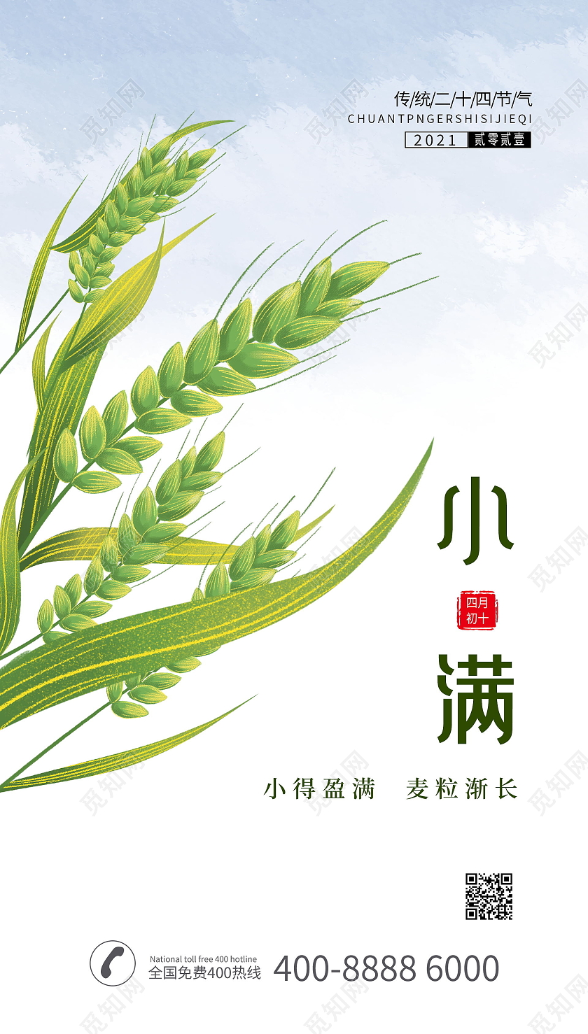 小满简约清新小麦宣传海报24节气二十四节气小满ui手机海报