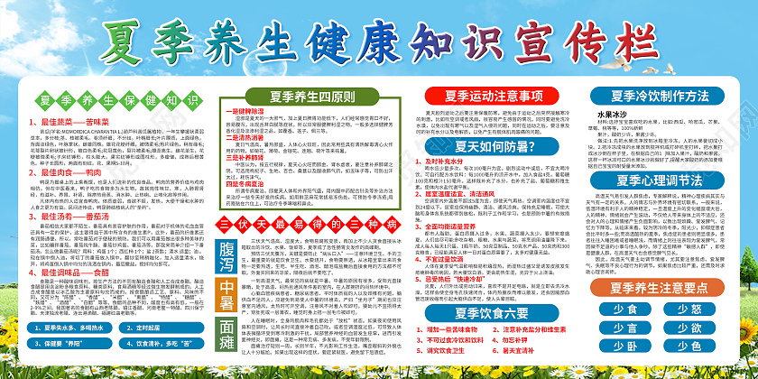 清新蓝色健康养生教育宣传栏夏季养生宣传栏套图