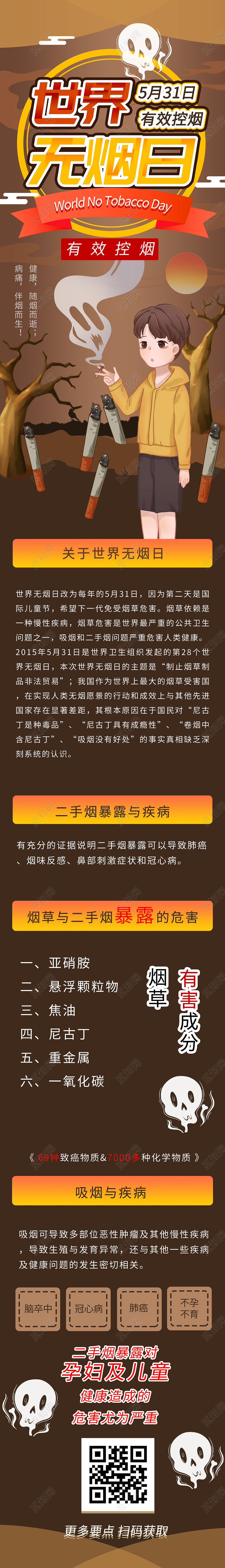 棕色插画世界无烟日有效控烟UI手机长图世界无烟日手机长图
