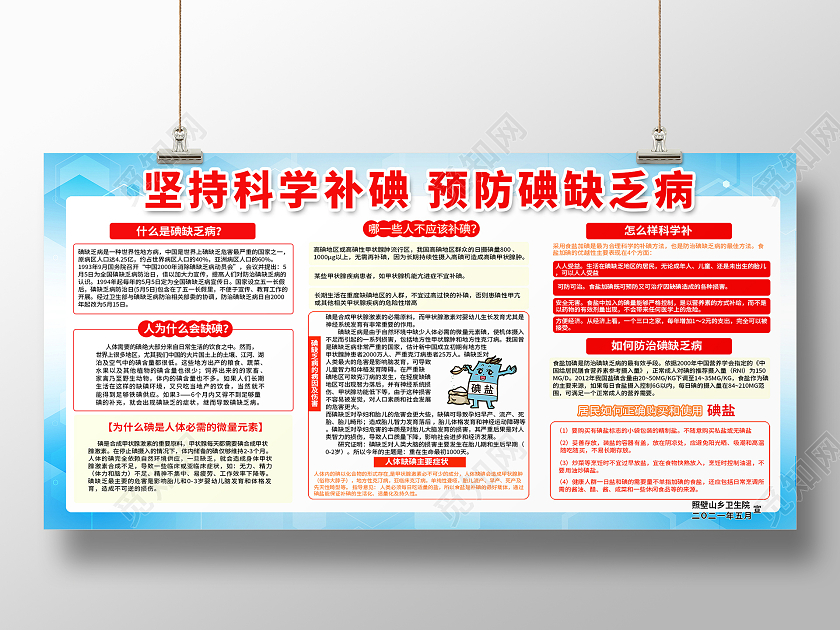 简约大气蓝色系坚持科学补碘预防碘缺乏病碘缺乏病防治日展板