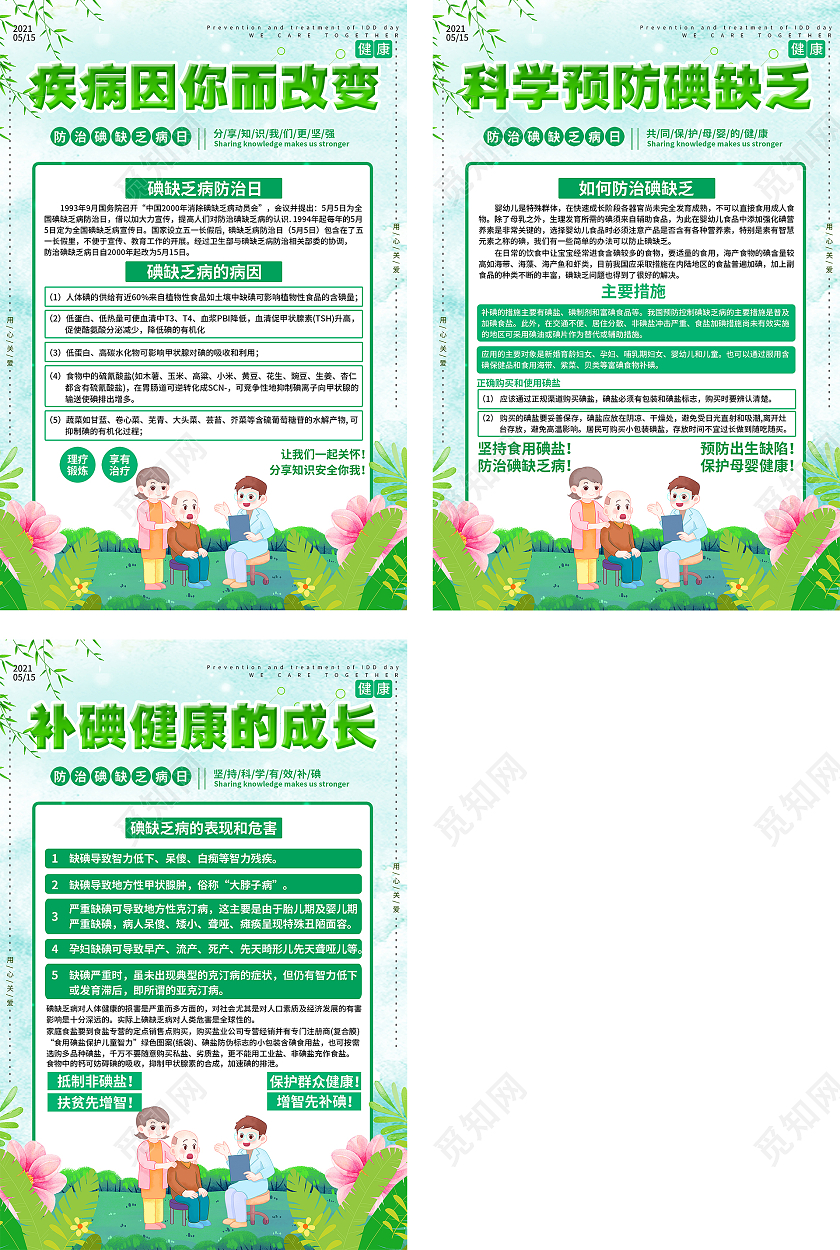 卡通风绿色系疾病因你而改变科学预防碘缺乏补碘健康成长海报套图碘缺乏病防治日