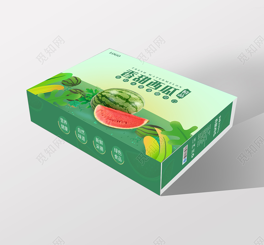 绿色插画横版手提盒生态新鲜西瓜包装盒水果包装礼盒模版