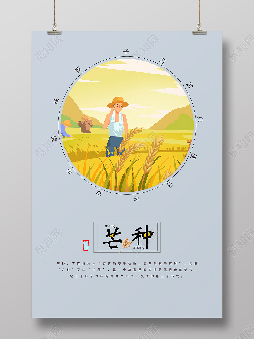 简约清新插画二十四节气芒种海报