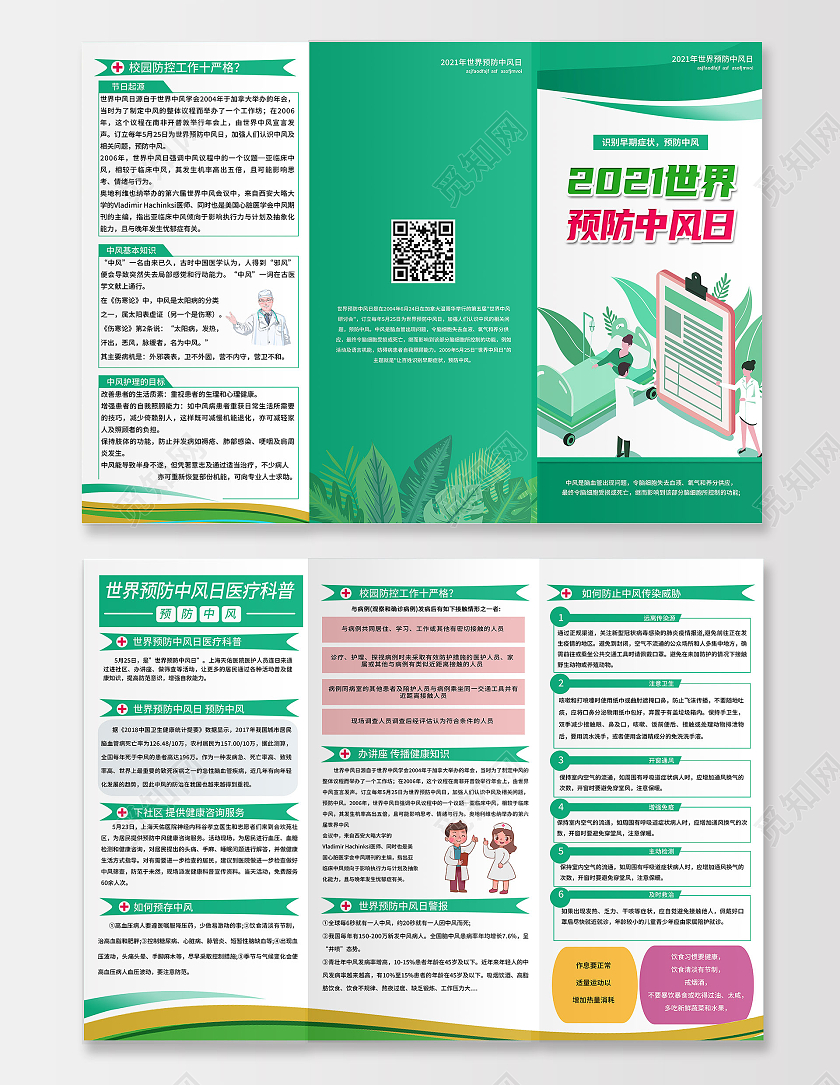 绿色卡通2021世界预防中风日三折页