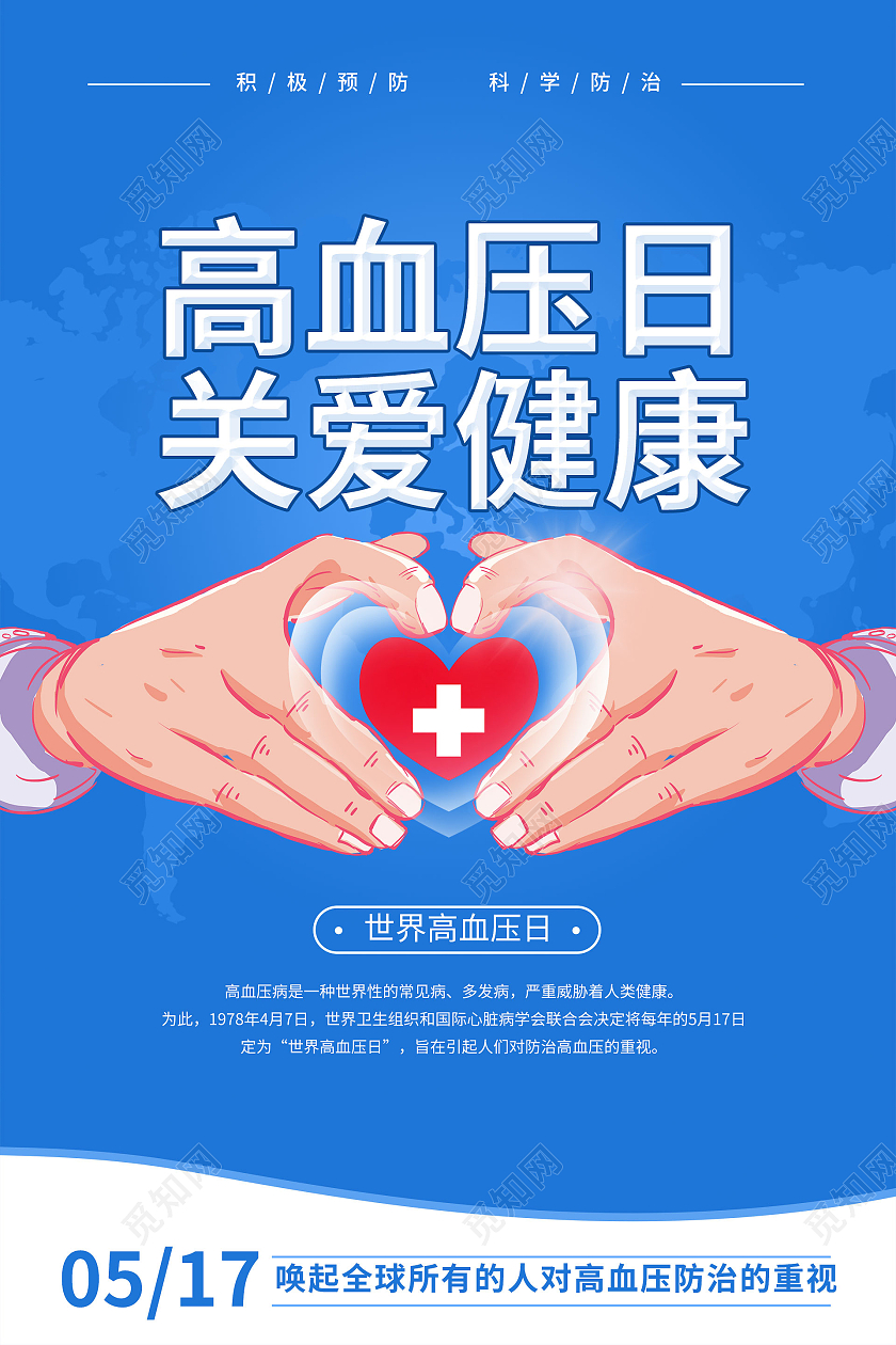 简约大气蓝色系卡通风高血压日关爱健康世界高血压日海报