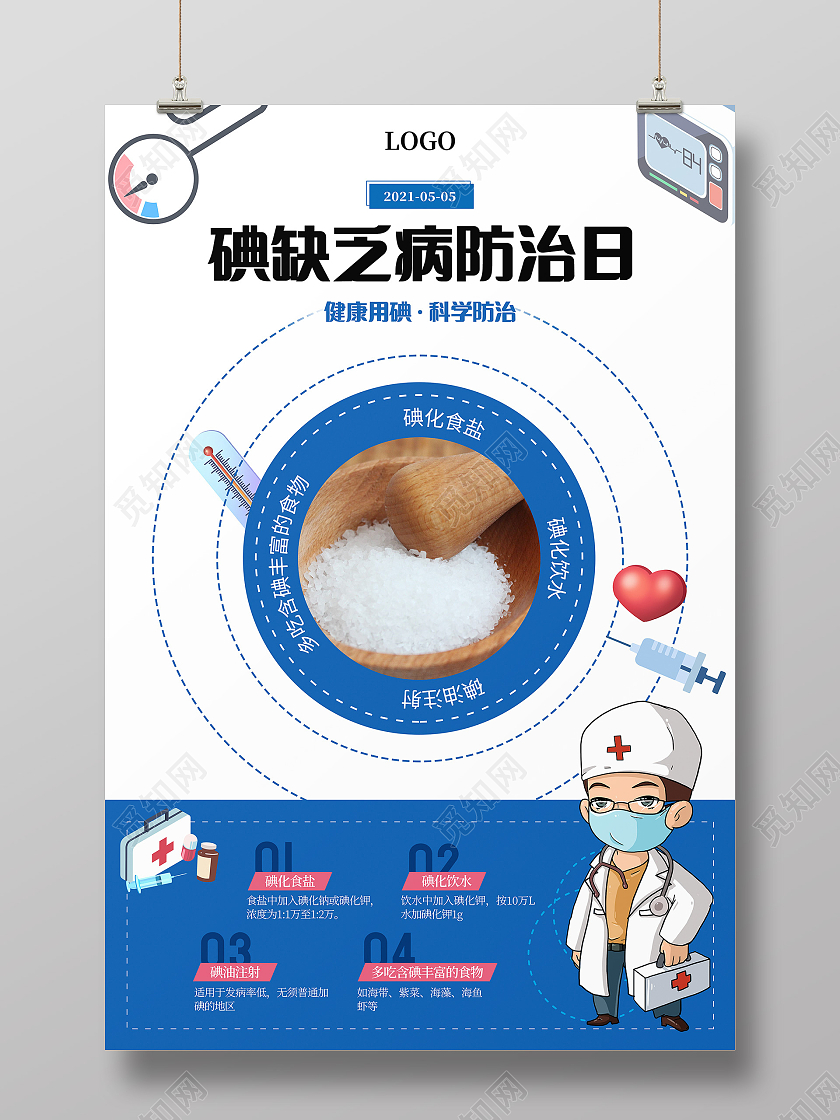 蓝色卡通缺碘防治日海报碘缺乏病防治日