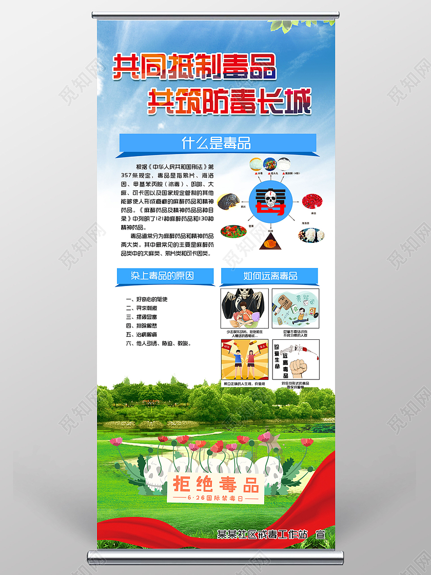 蓝色简洁共同抵制毒品共筑防毒长城禁毒展架